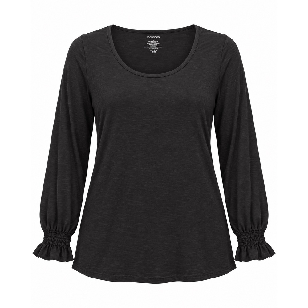 Maurices Womens 1X Charcoal Gray Slub Knit Scoop Neck Smocked Ruffle Cuff Top